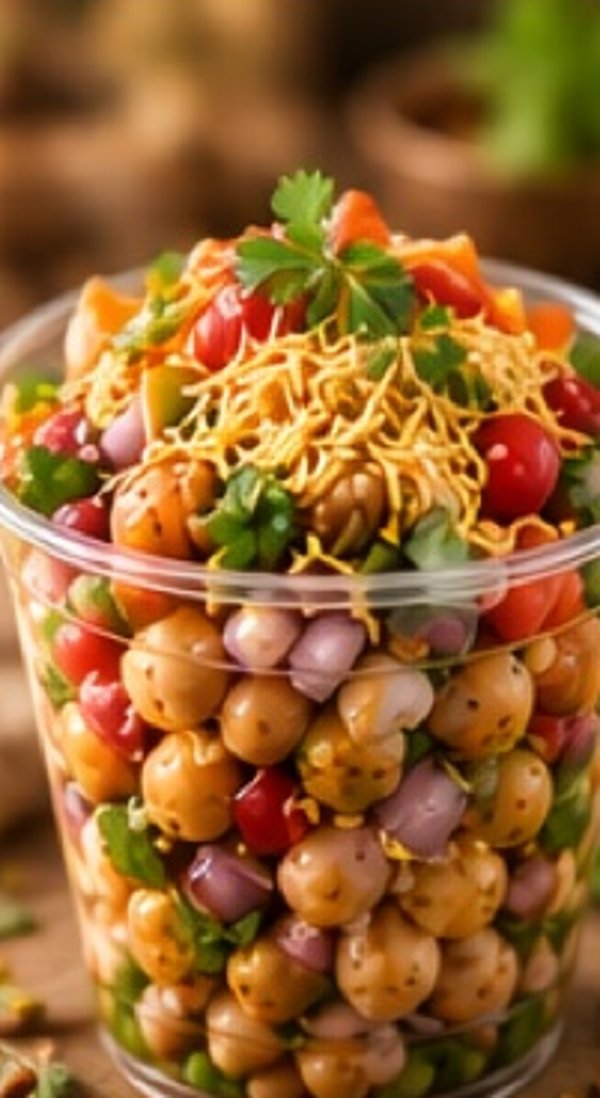 Chana chaat cup with chutneys, yogurt and sev