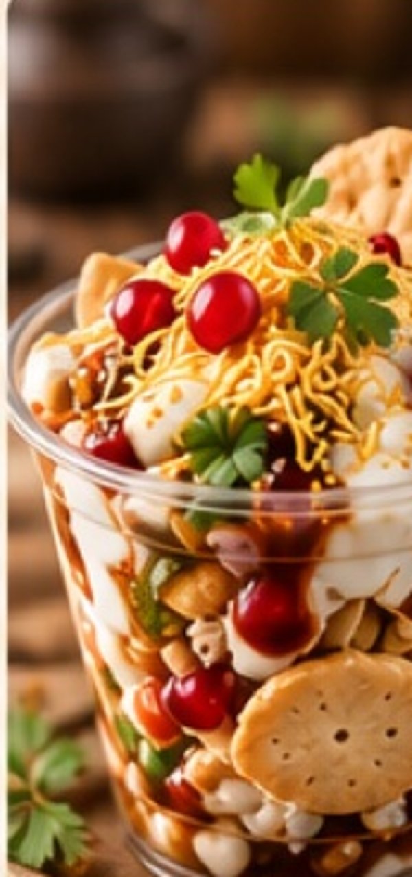 Papdi chaat cup with chutneys, yogurt and sev