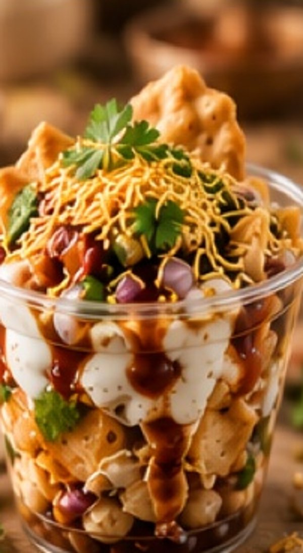 Samosa chaat cup with chana, chutneys, yogurt and sev