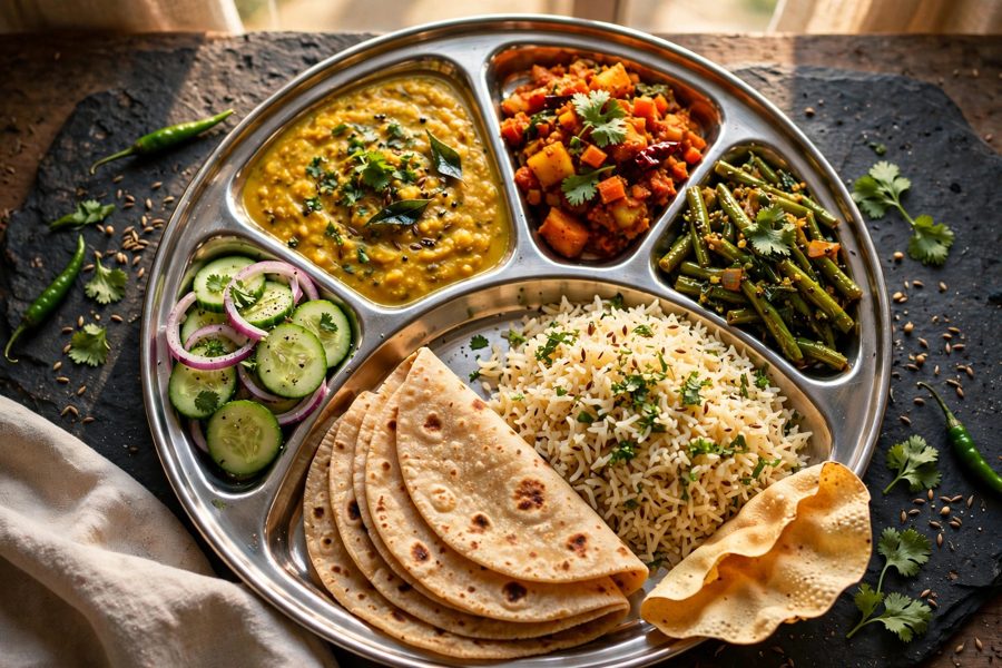 Classic tiffin: dal, two sabzis, jeera rice, rotis and a sweet