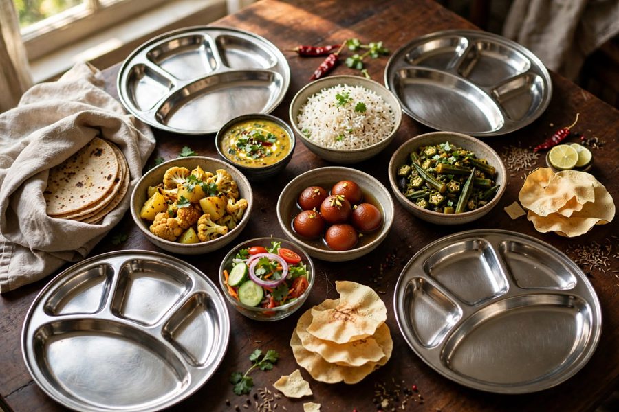 Family tiffin: dal, two sabzis, jeera rice, rotis and sweets for four
