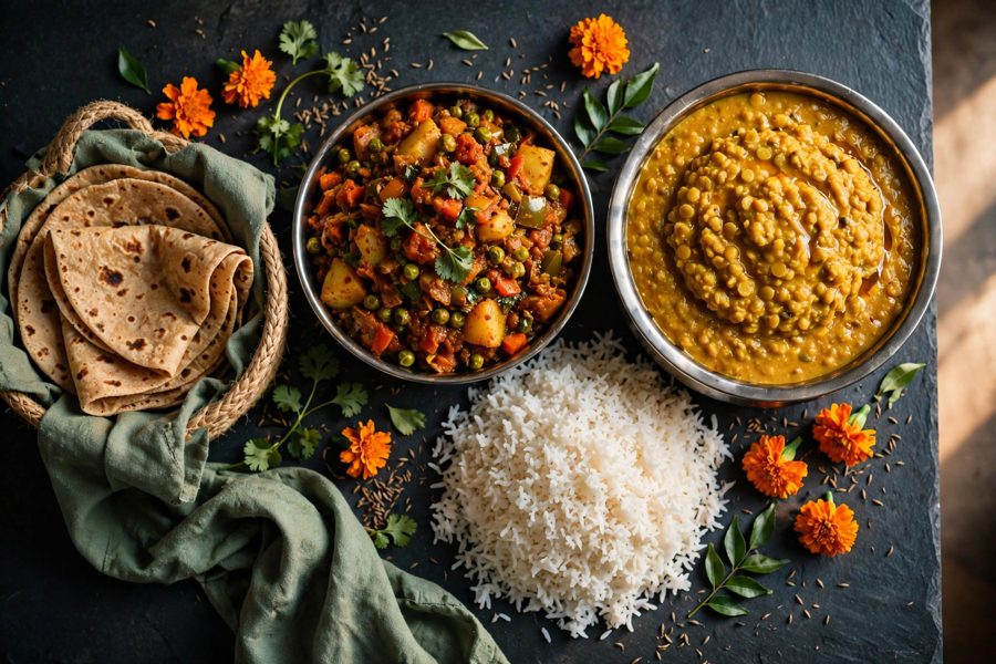 Hearty tiffin: generous dal, sabzi, rice and rotis
