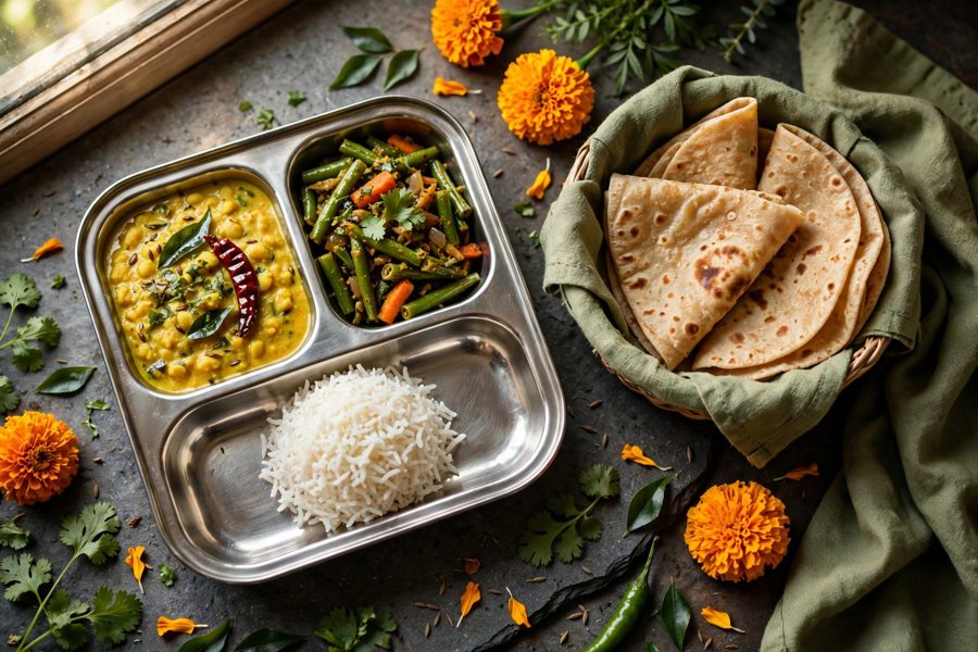 Mini tiffin: dal, sabzi, rice and rotis